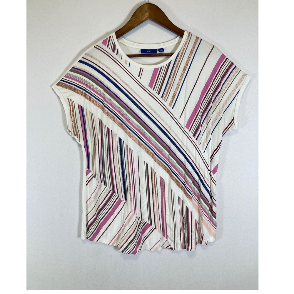 Modern Art Apt. 9 Womens Large White Pink Blue Glitter Stripe Cap Sleeve Top